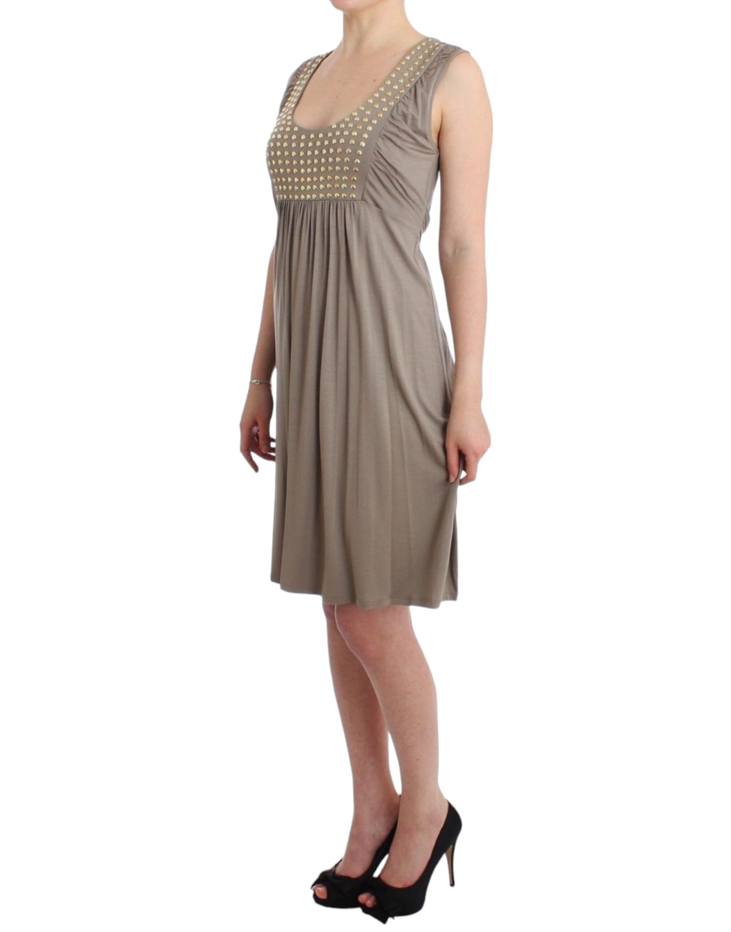  - Studded Sheath Knee-Length Dress in Beige