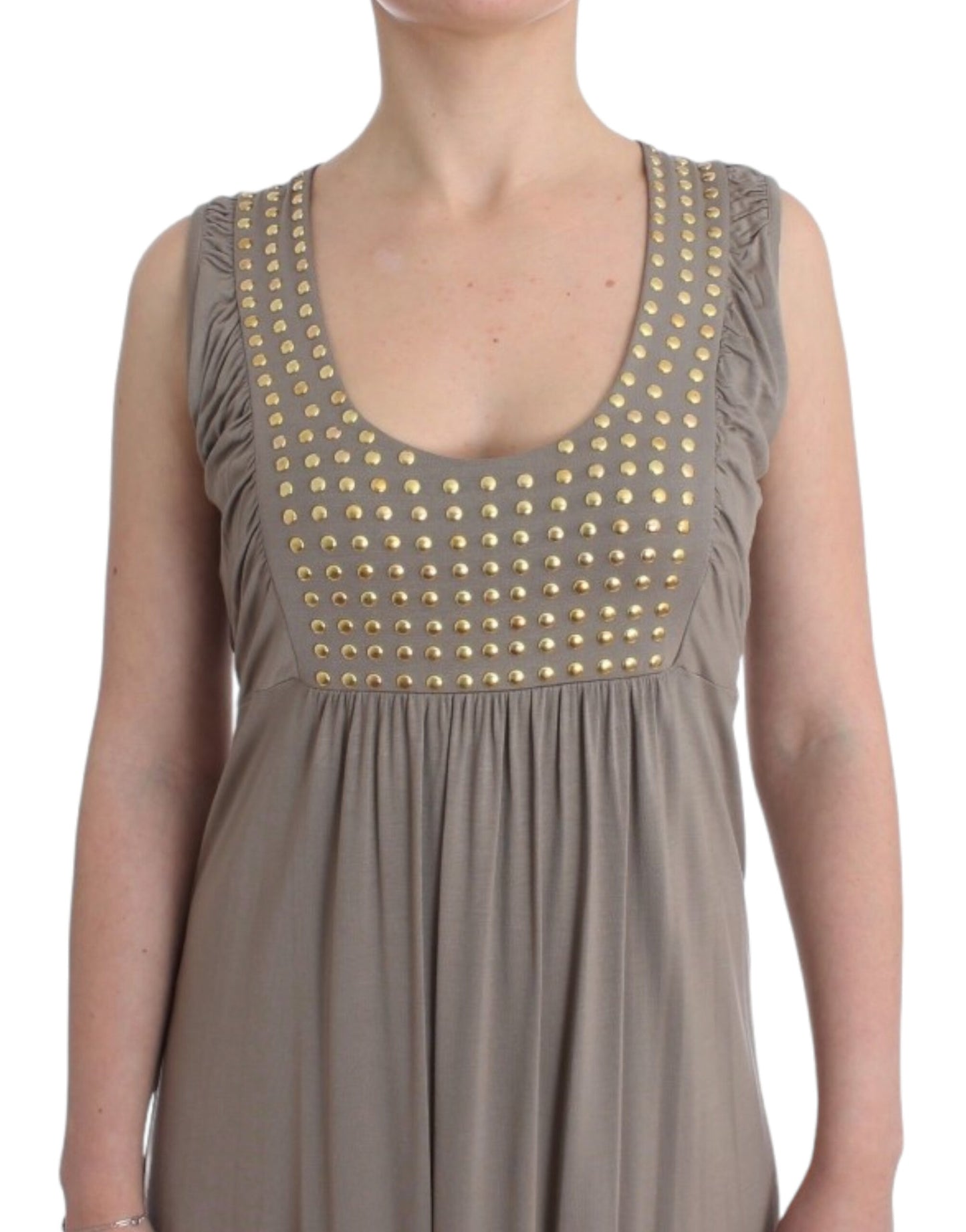  - Studded Sheath Knee-Length Dress in Beige