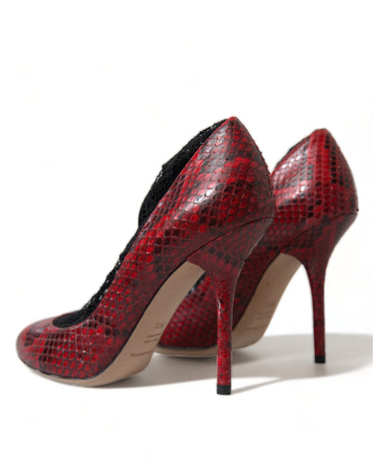  - Red Almond Toe Snakeskin Pumps with Lace Socks