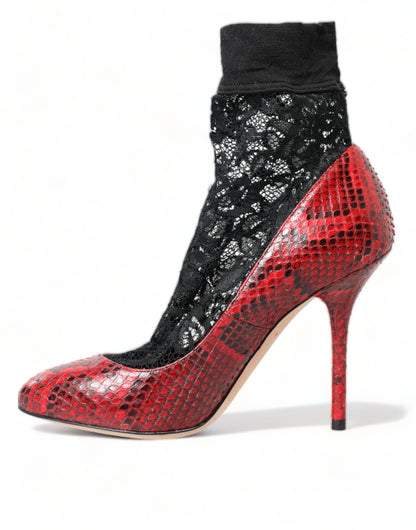  - Red Almond Toe Snakeskin Pumps with Lace Socks