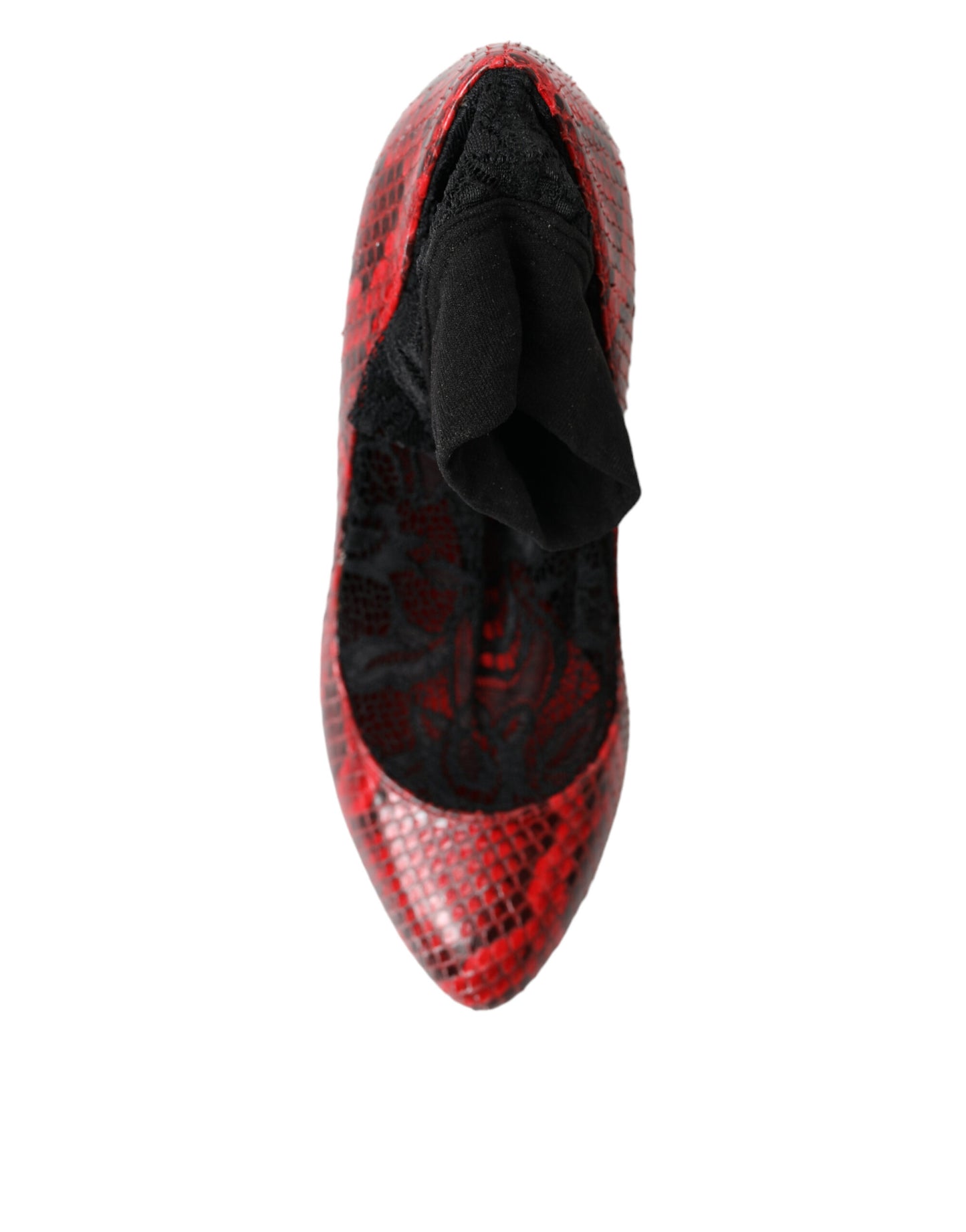  - Red Almond Toe Snakeskin Pumps with Lace Socks