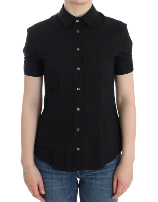  - Elegant Black Cotton Stretch Shortsleeve Blouse