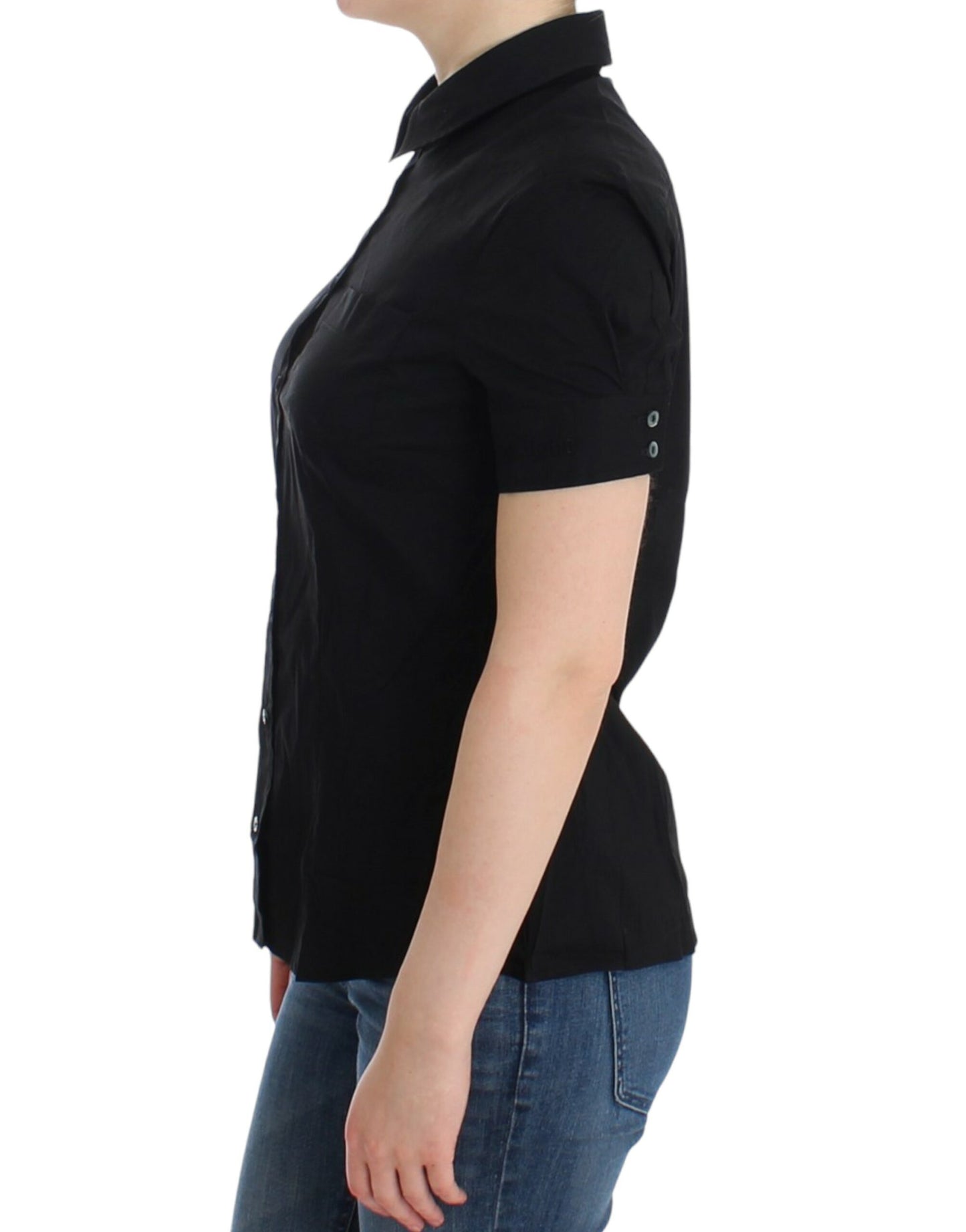  - Elegant Black Cotton Stretch Shortsleeve Blouse