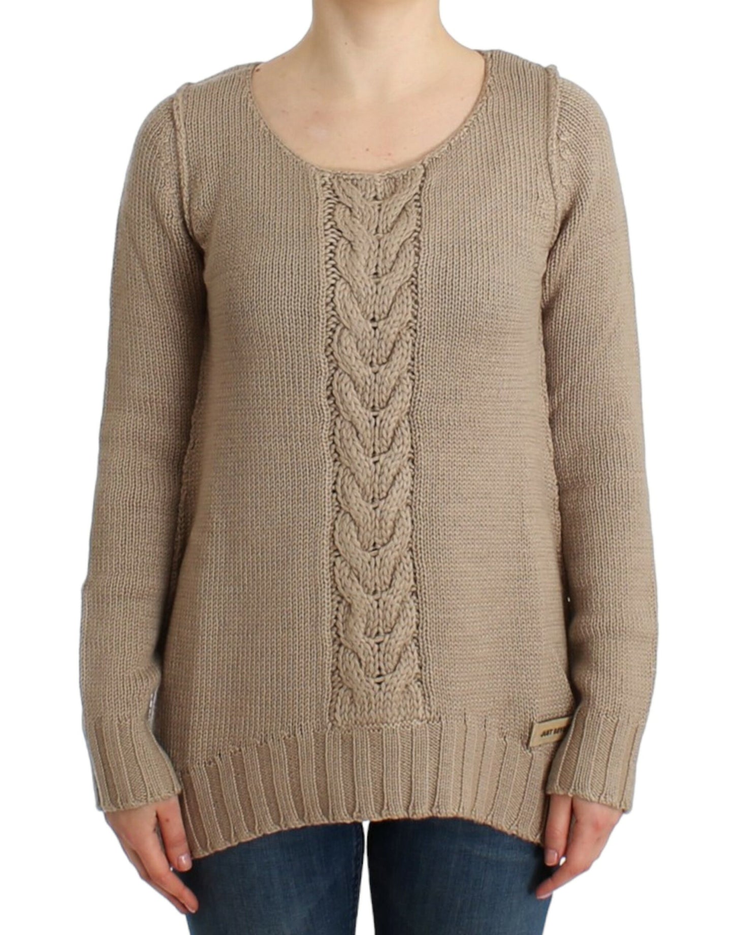  - Elegant Beige Knitted Crew Neck Sweater