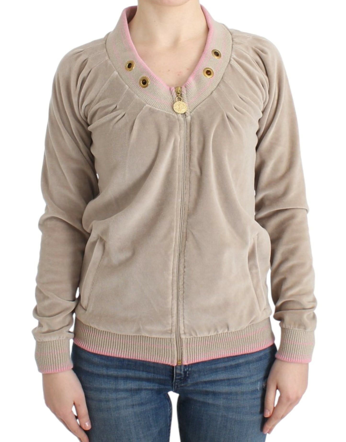  - Beige Zip Cardigan with Gold Tone Accents