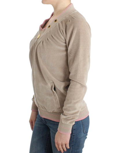  - Beige Zip Cardigan with Gold Tone Accents