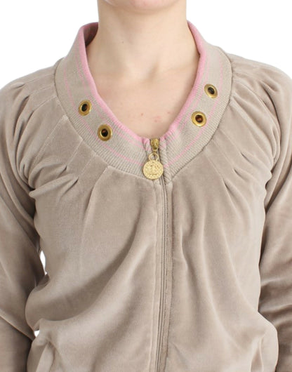  - Beige Zip Cardigan with Gold Tone Accents