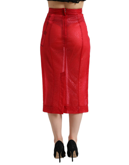  - Chic Red High Waist Sheer Midi Skirt