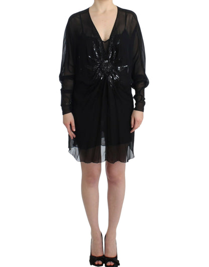  - Elegant Sheer Black Silk Blouson Dress