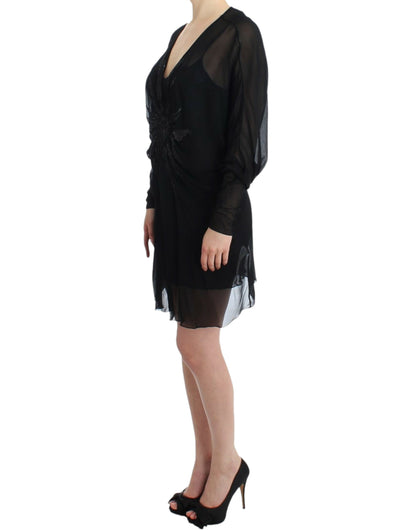  - Elegant Sheer Black Silk Blouson Dress