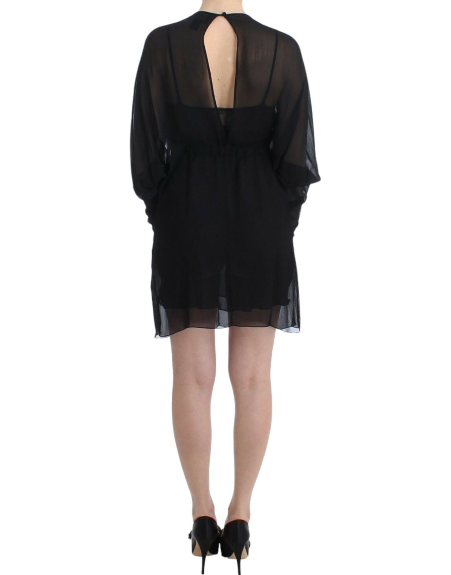  - Elegant Sheer Black Silk Blouson Dress