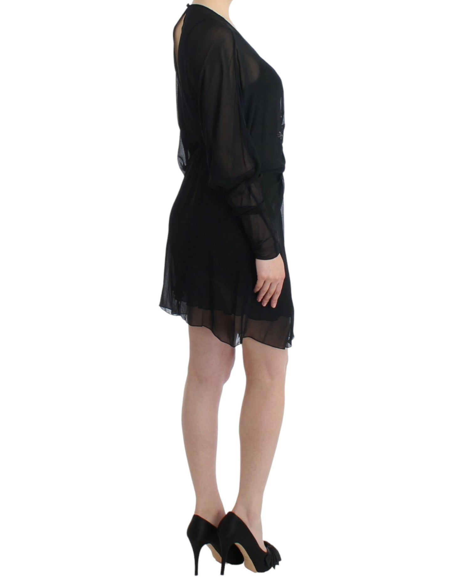  - Elegant Sheer Black Silk Blouson Dress