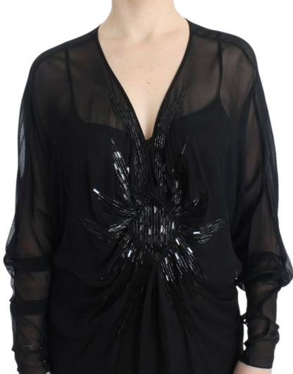  - Elegant Sheer Black Silk Blouson Dress