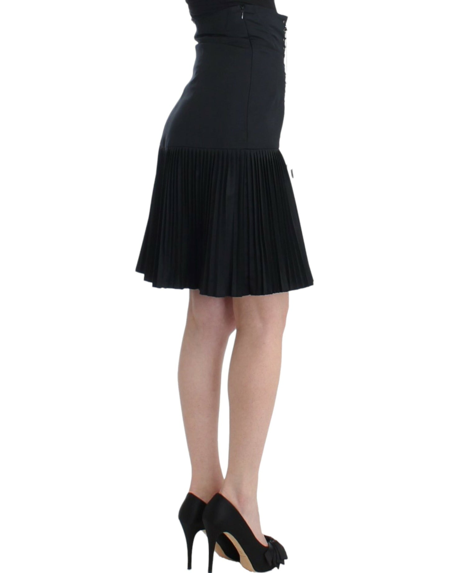  - Elegant Black Pleated Lace A-Line Skirt