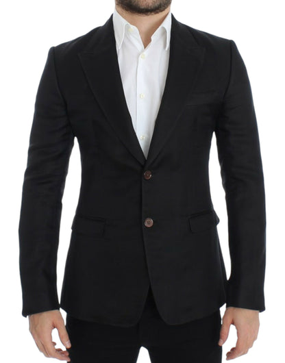  - Elegant Black Silk Blend Two-Button Blazer