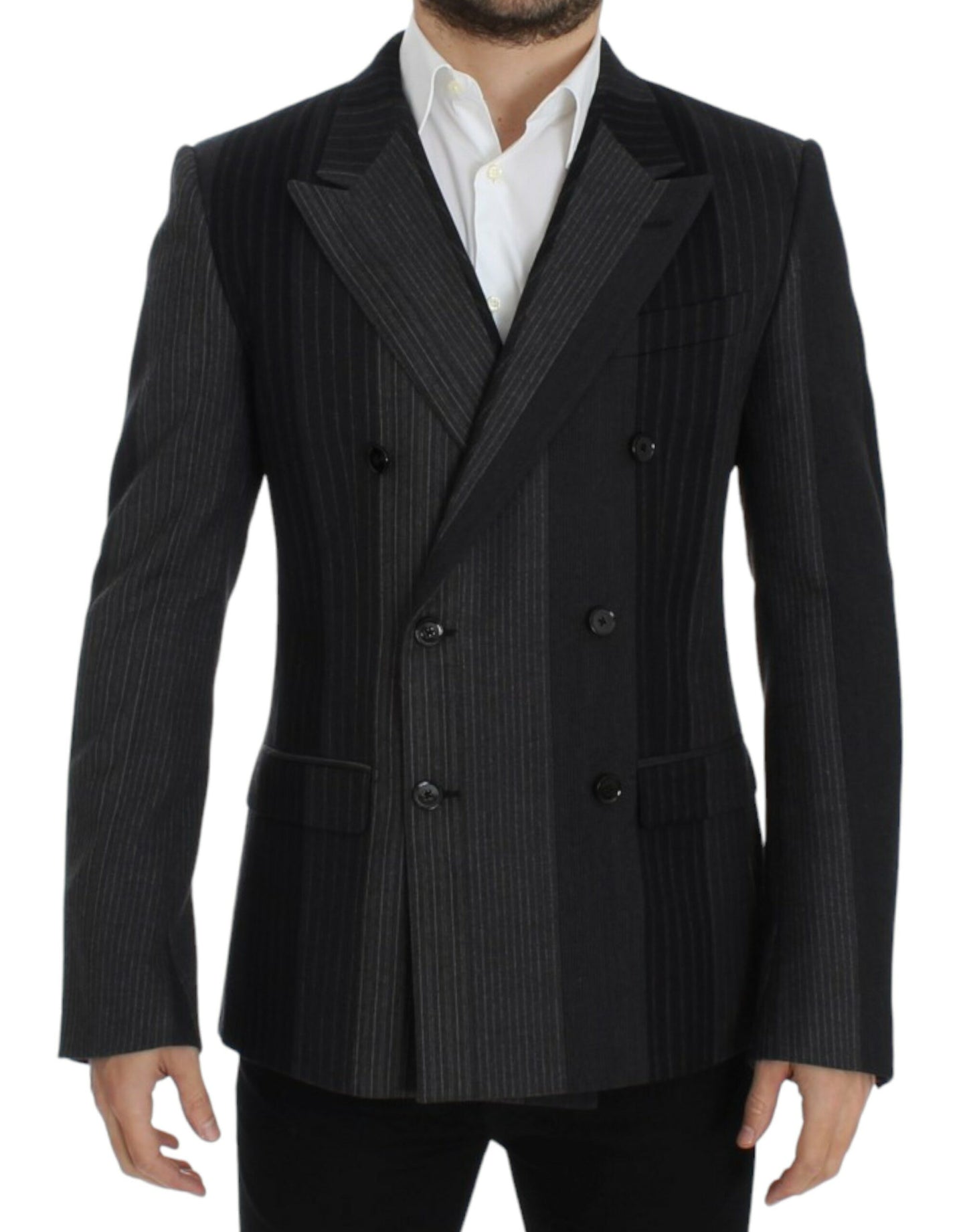  - Elegant Gray Striped Wool Slim Blazer