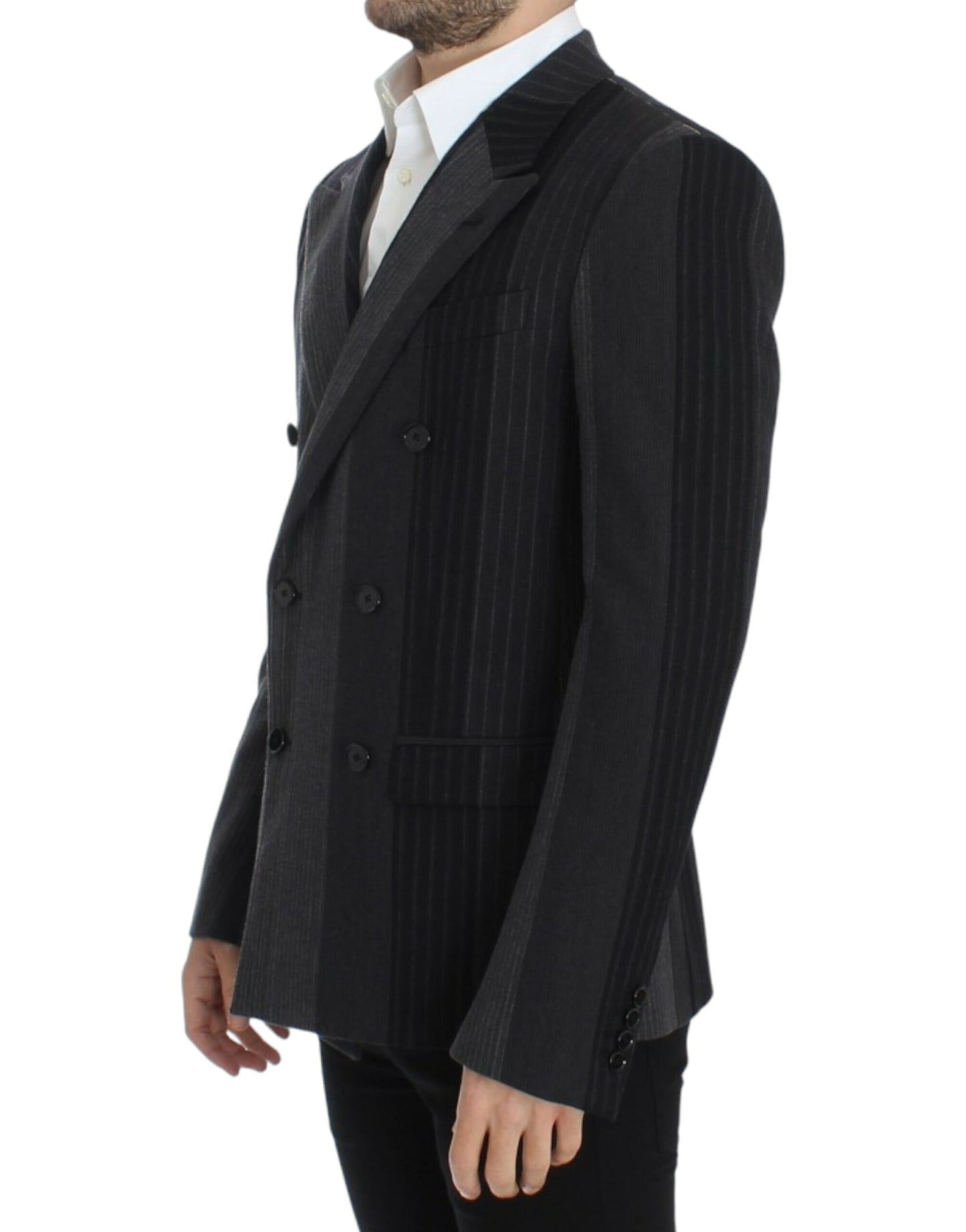  - Elegant Gray Striped Wool Slim Blazer