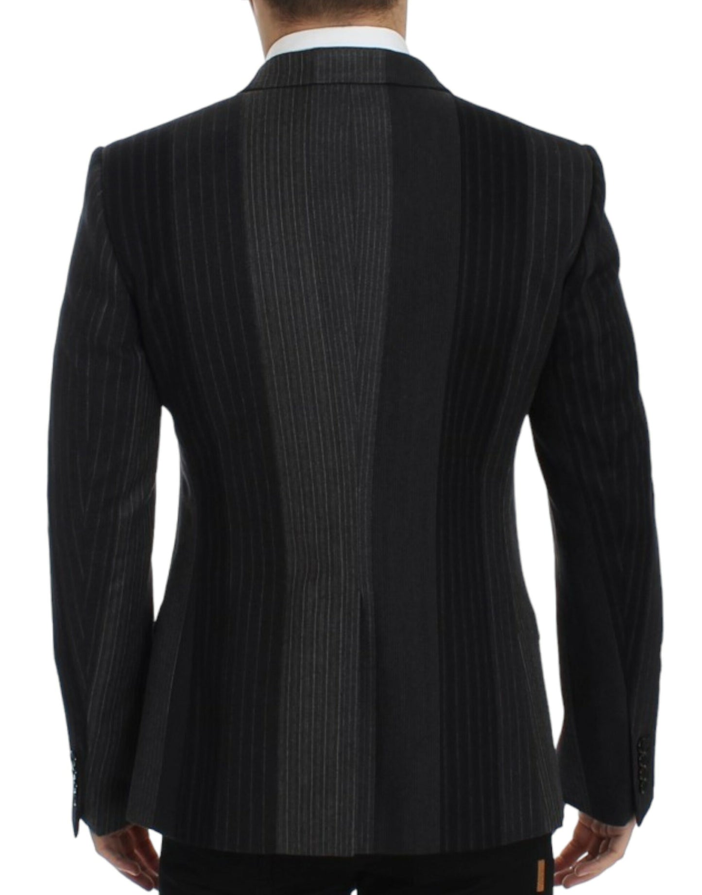  - Elegant Gray Striped Wool Slim Blazer