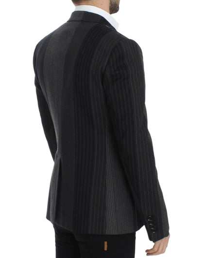  - Elegant Gray Striped Wool Slim Blazer