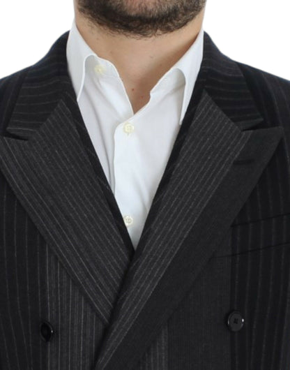  - Elegant Gray Striped Wool Slim Blazer