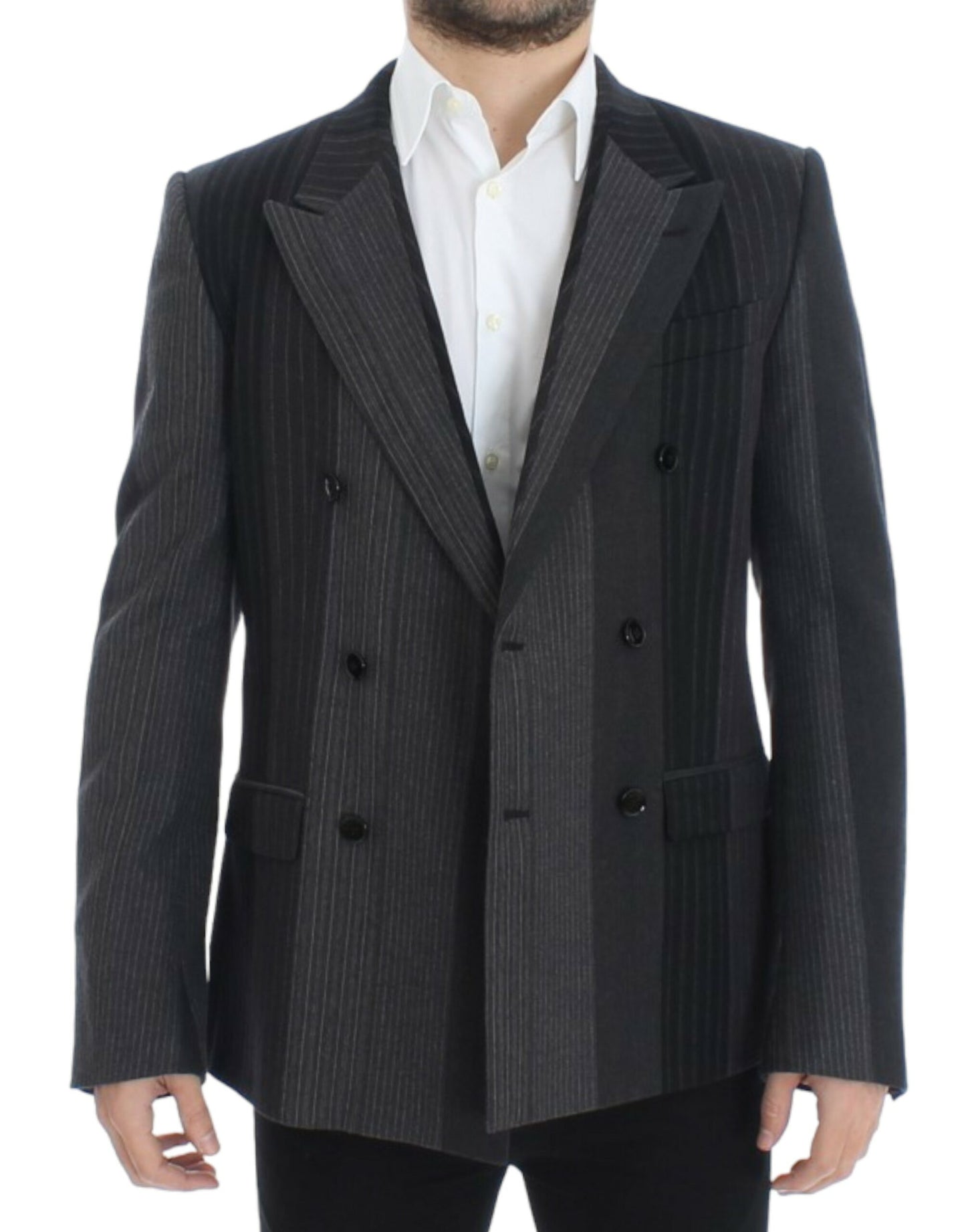  - Elegant Gray Striped Wool Slim Blazer