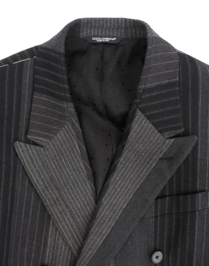  - Elegant Gray Striped Wool Slim Blazer