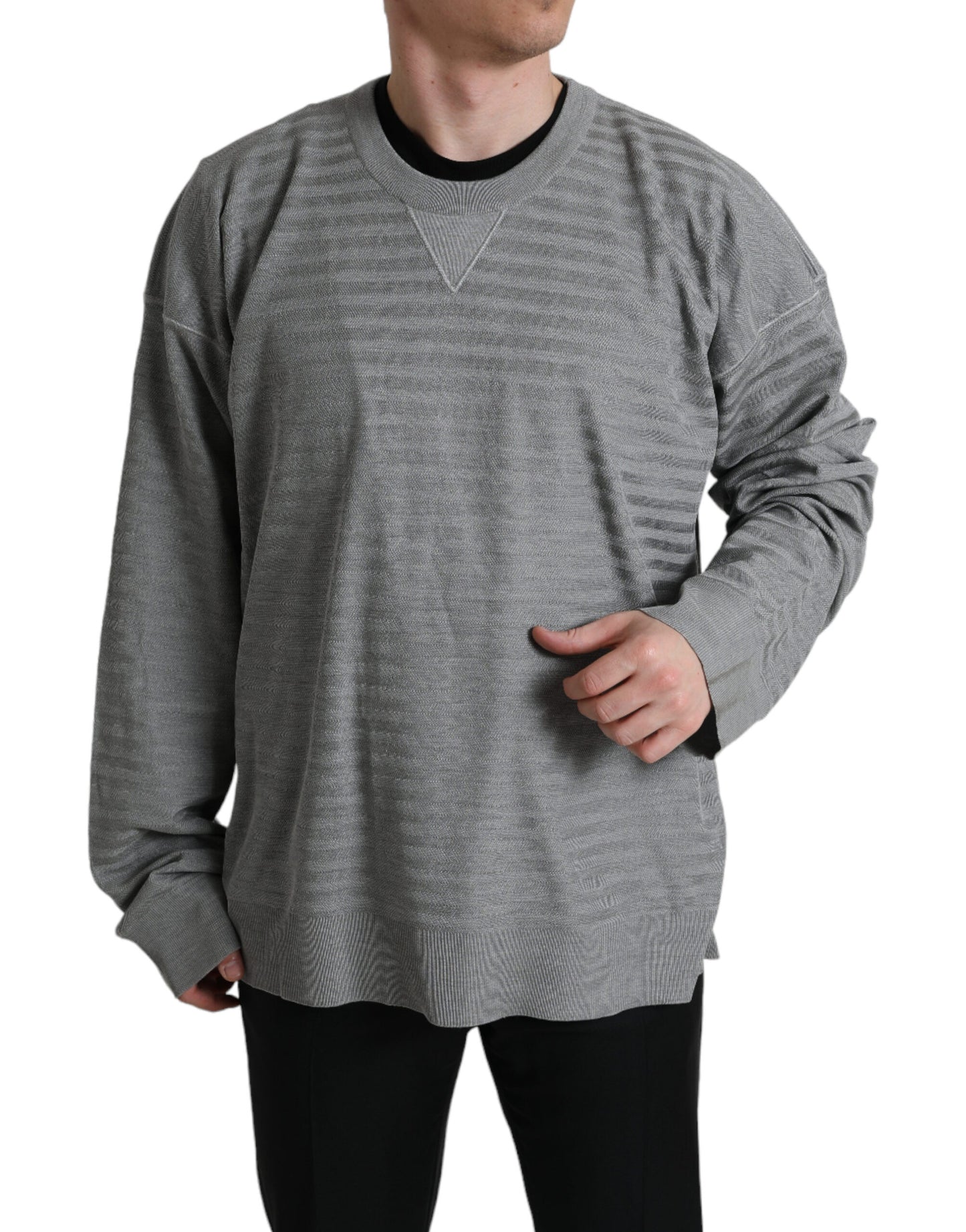  - Elegant Gray Striped Silk Crewneck Pullover