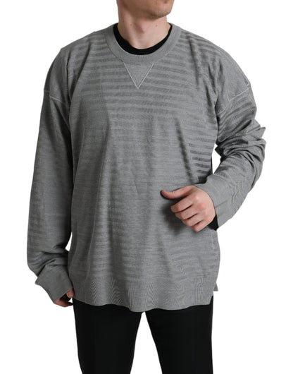  - Elegant Gray Striped Silk Crewneck Pullover