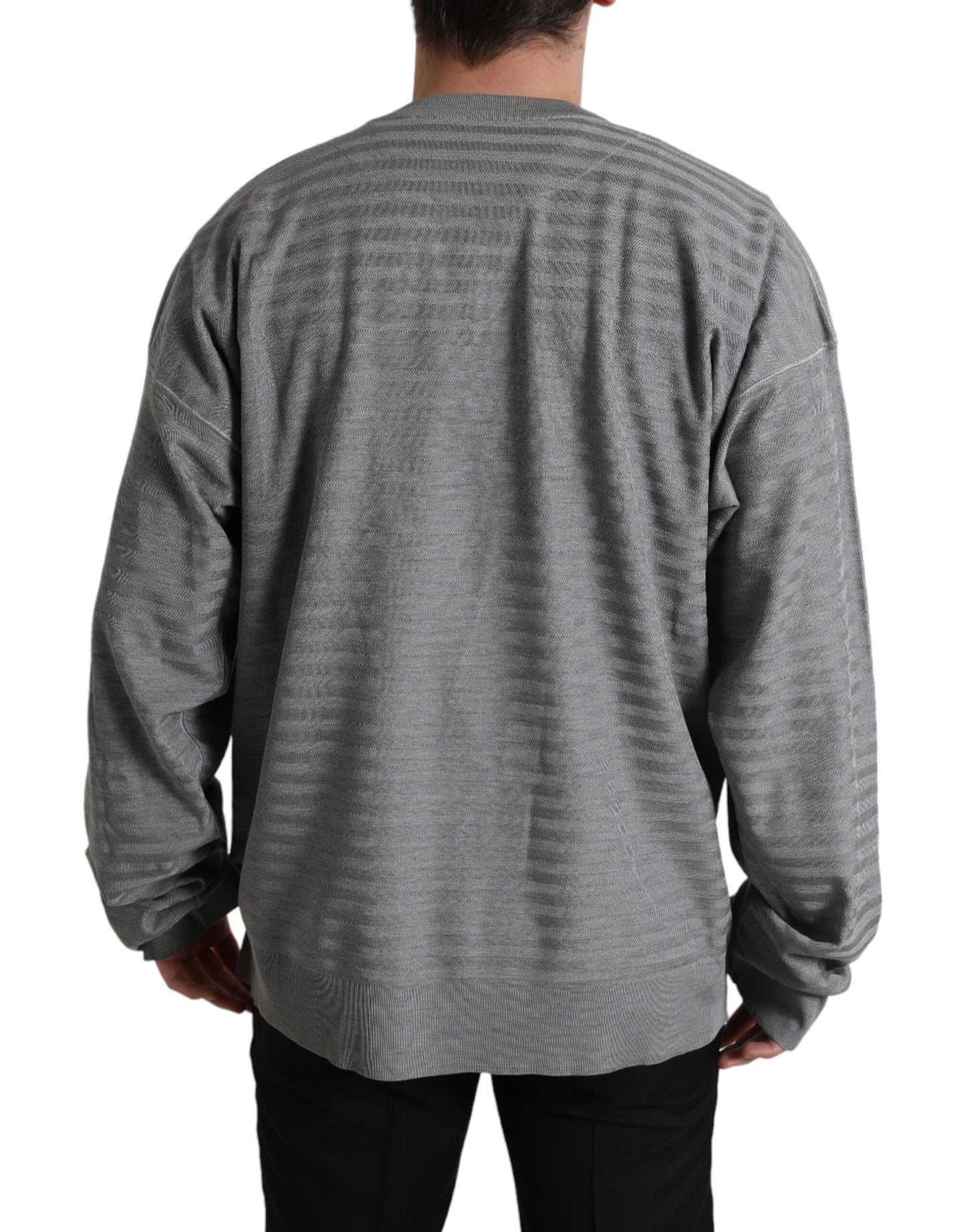  - Elegant Gray Striped Silk Crewneck Pullover