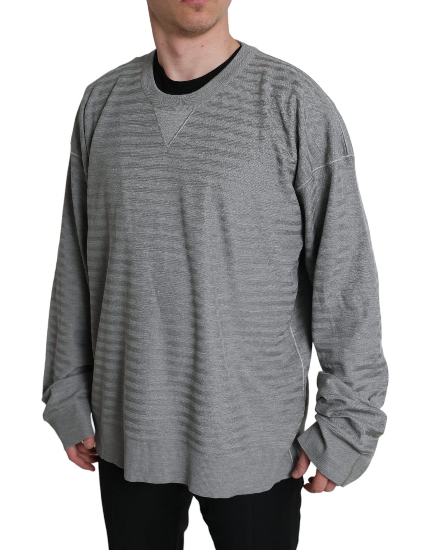  - Elegant Gray Striped Silk Crewneck Pullover