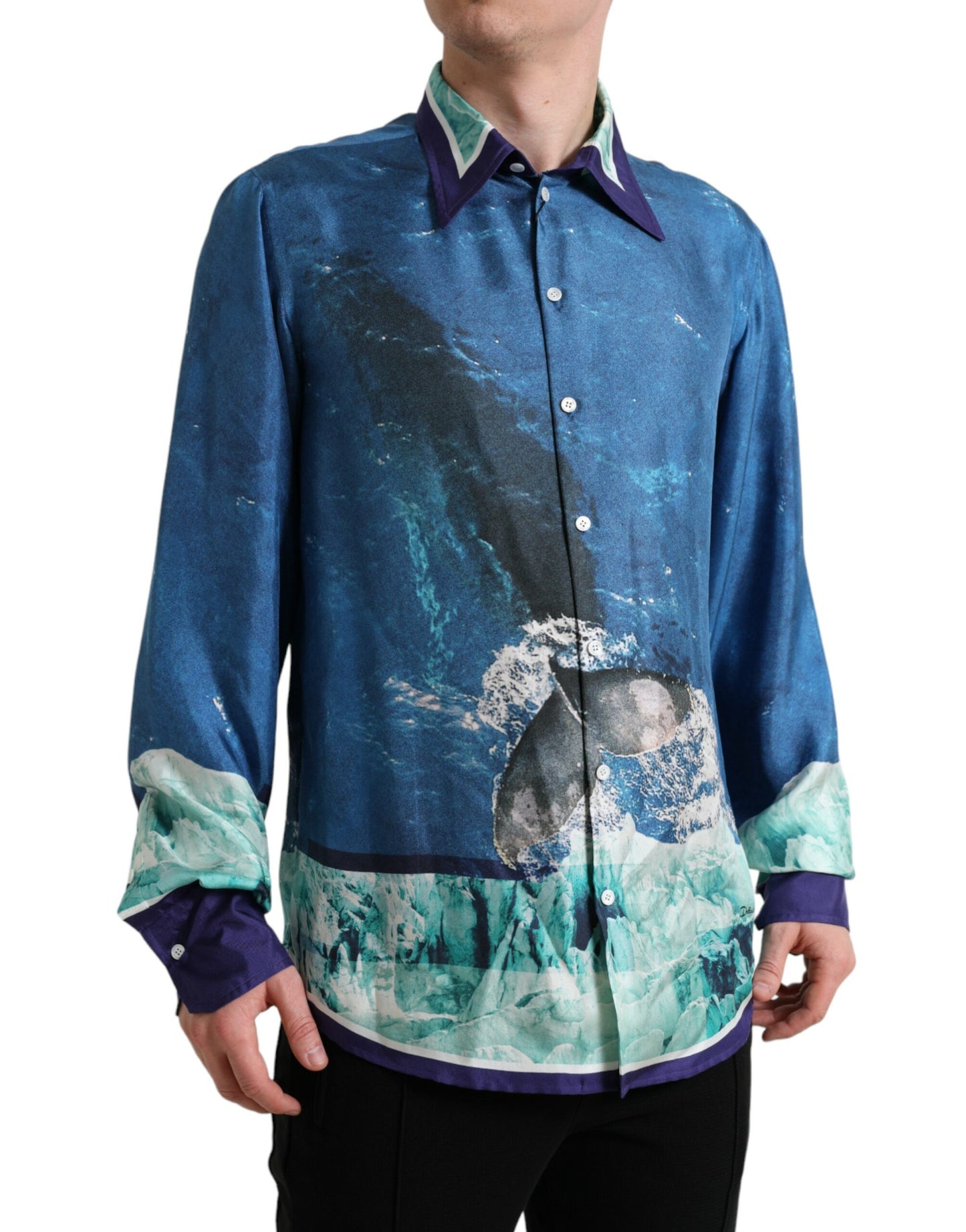  - Elegant Ocean Print Silk Shirt