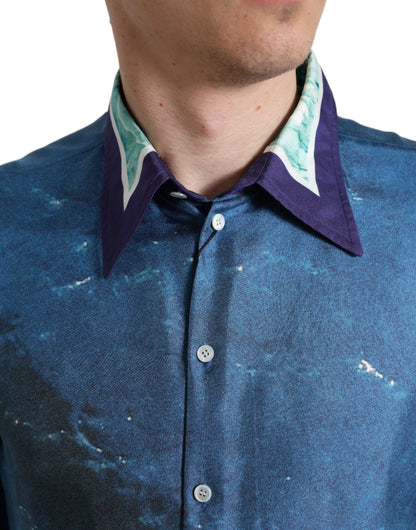  - Elegant Ocean Print Silk Shirt