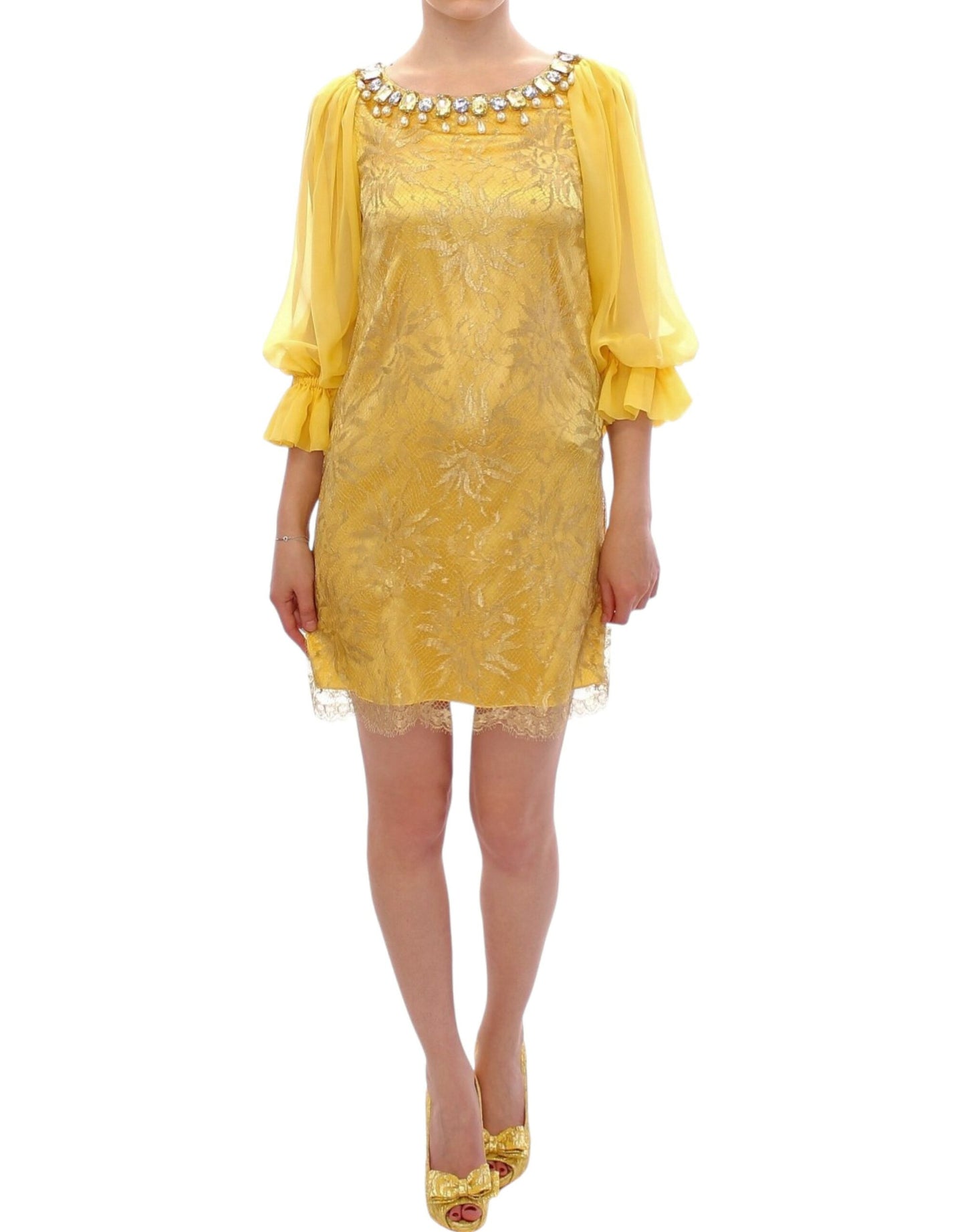  - Yellow Lace Crystal Embellished Mini Dress