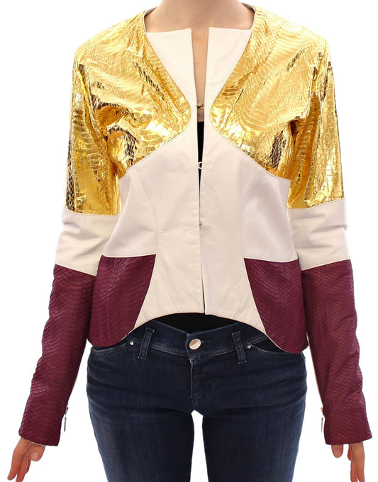  - Elegant Metallic Croc Print Leather Jacket