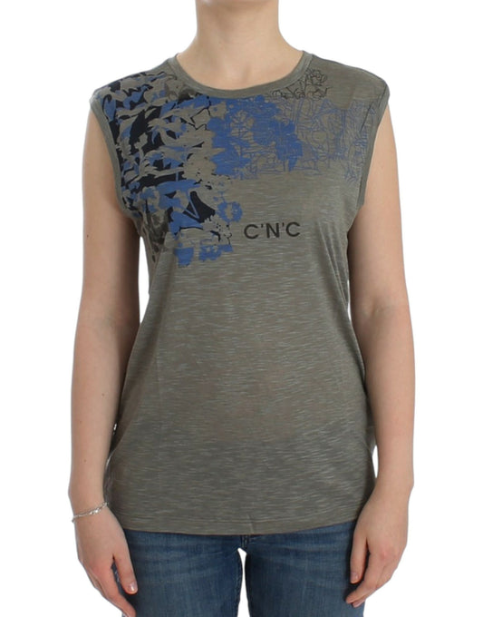  - Chic Sleeveless Gray Top with Blue Detailing