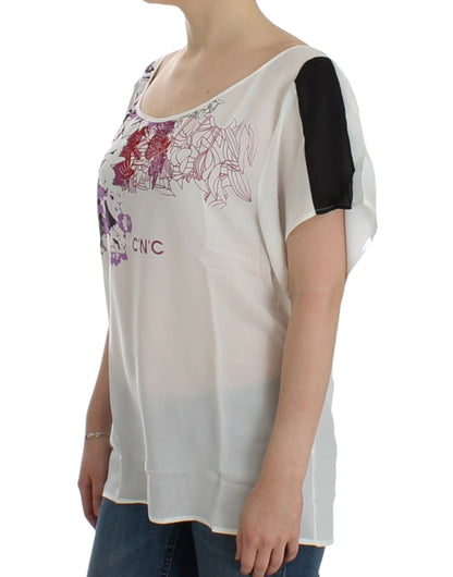  - Chic White V-Neck Motive Print Tee