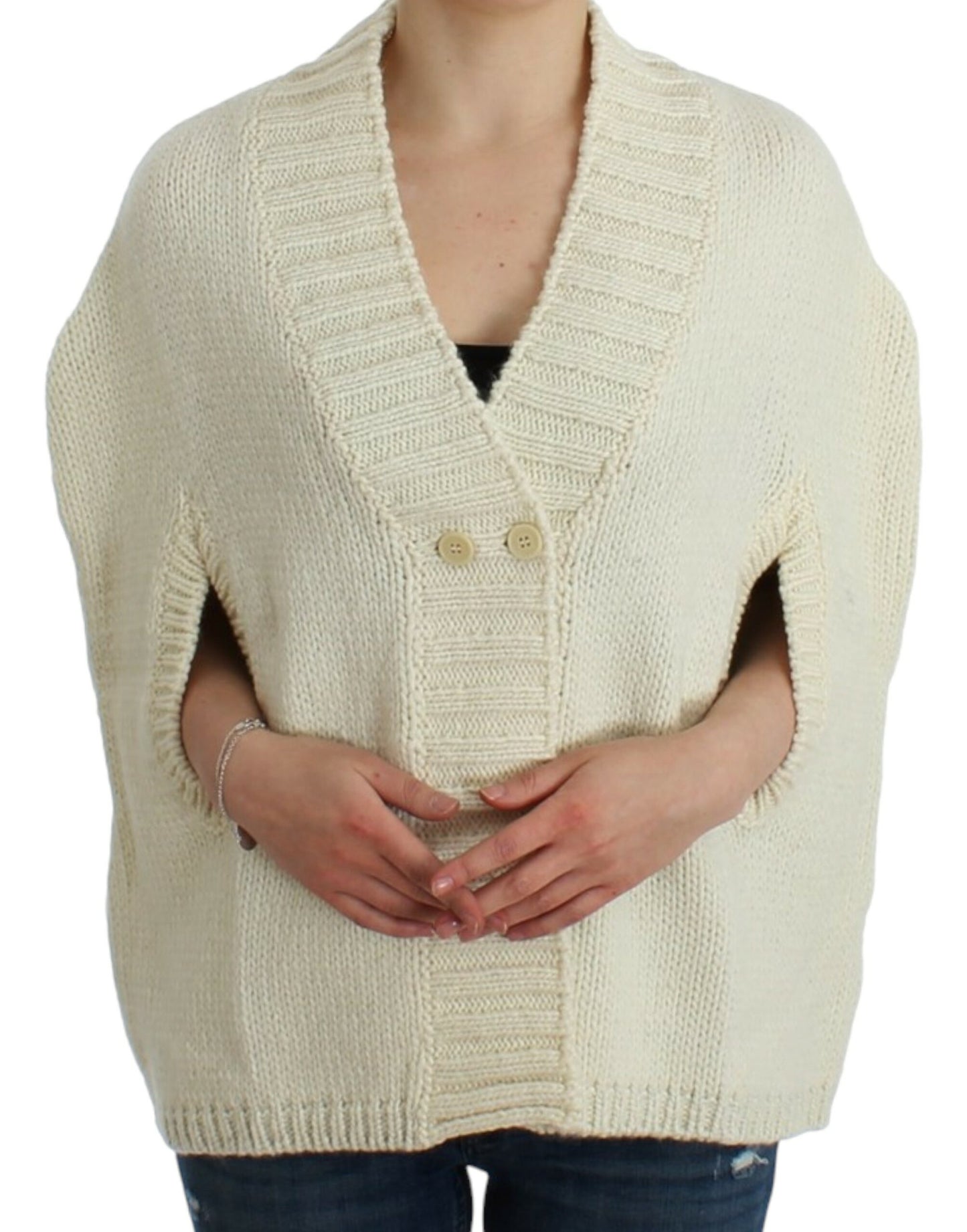  - Elegant White Knitted Cape-Cardigan Hybrid