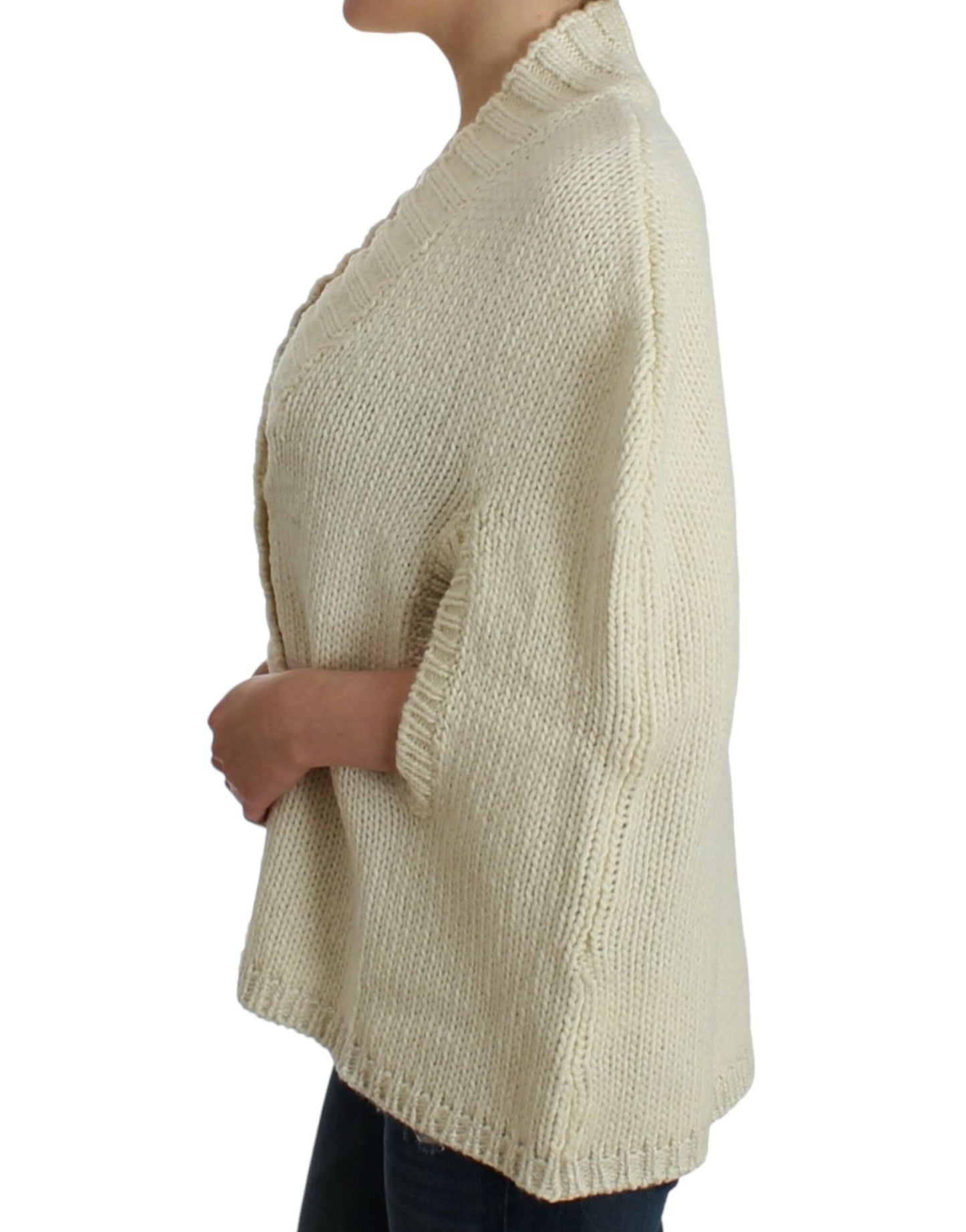  - Elegant White Knitted Cape-Cardigan Hybrid