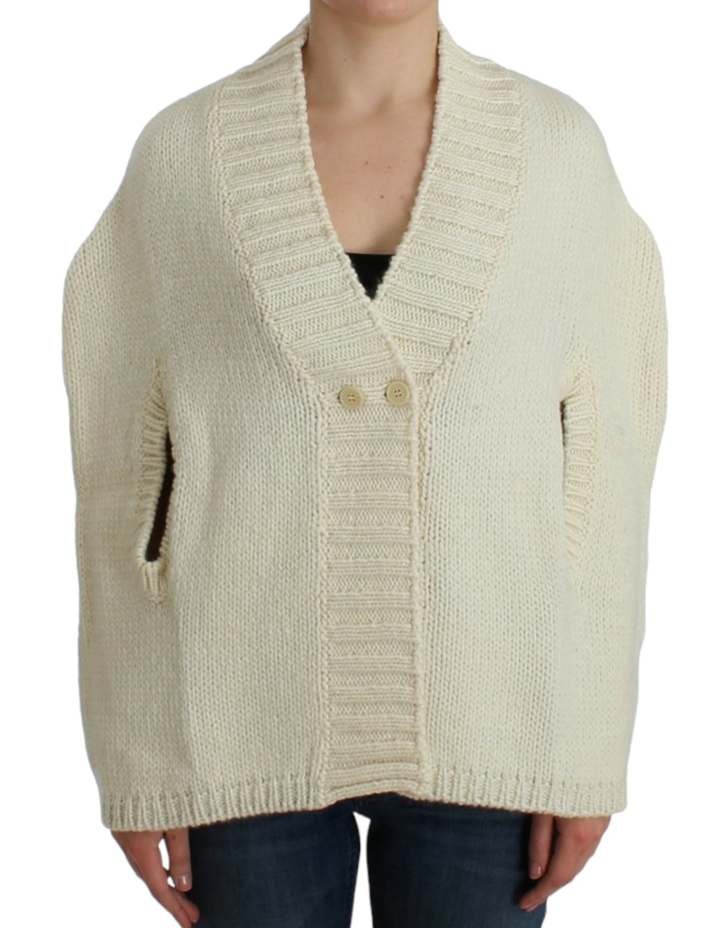  - Elegant White Knitted Cape-Cardigan Hybrid