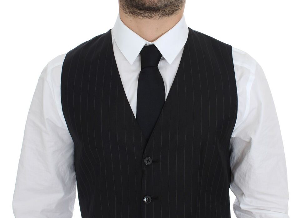  - Chic Black Striped Wool Silk Dress Vest