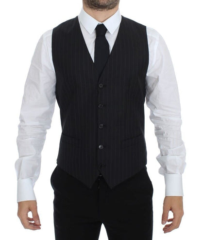  - Chic Black Striped Wool Silk Dress Vest