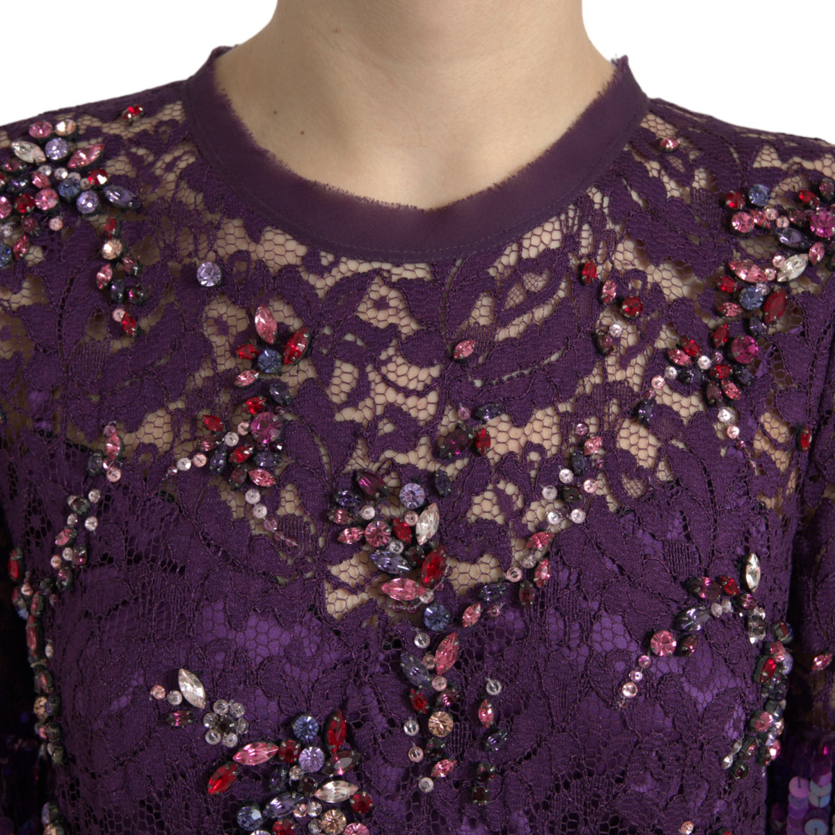 Elegant Purple Floral Lace Crystal Dress by Dolce & Gabbana