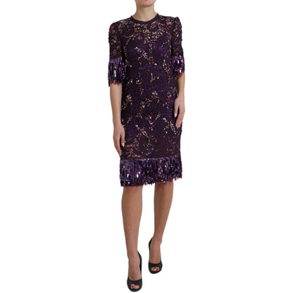 Elegant Purple Floral Lace Crystal Dress by Dolce & Gabbana