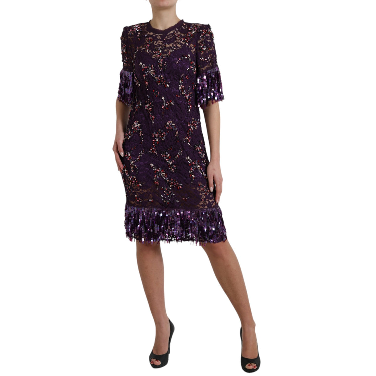 Elegant Purple Floral Lace Crystal Dress by Dolce & Gabbana