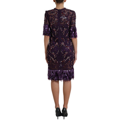 Elegant Purple Floral Lace Crystal Dress by Dolce & Gabbana
