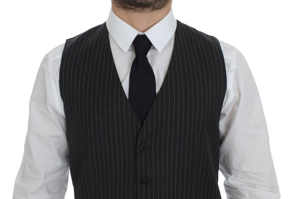  - Elegant Gray Striped Wool Dress Vest