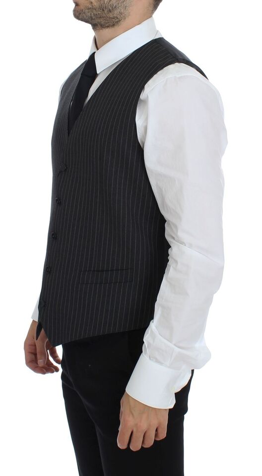  - Elegant Gray Striped Wool Dress Vest