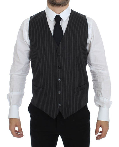  - Elegant Gray Striped Wool Dress Vest