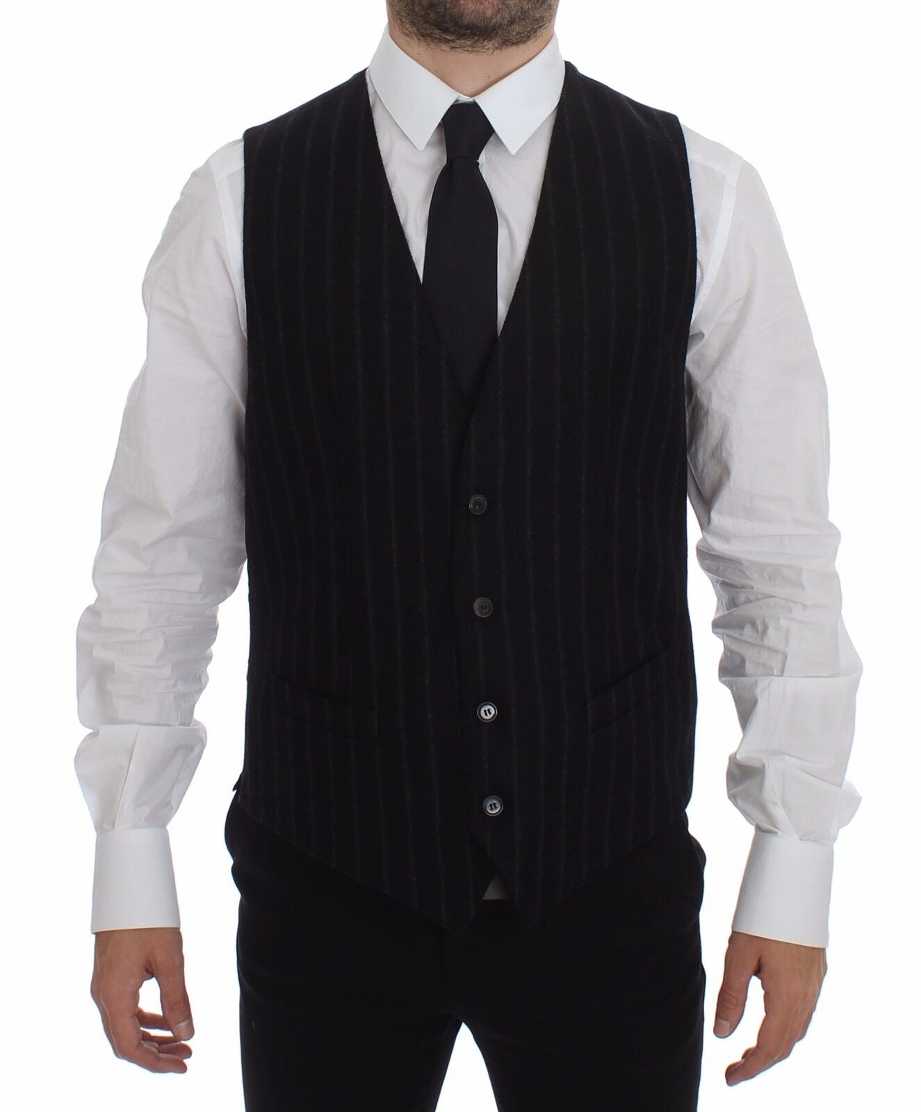  - Elegant Black Striped Single Breasted Dress Vest