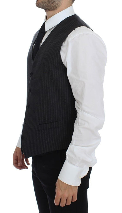  - Elegant Gray Striped Wool Dress Vest